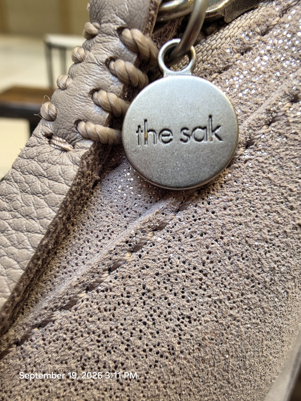 NWT The Sak Tess Crescent Shoulder Bag Sand Sparkle Suede Shimmer Boho - Picture 6 of 10